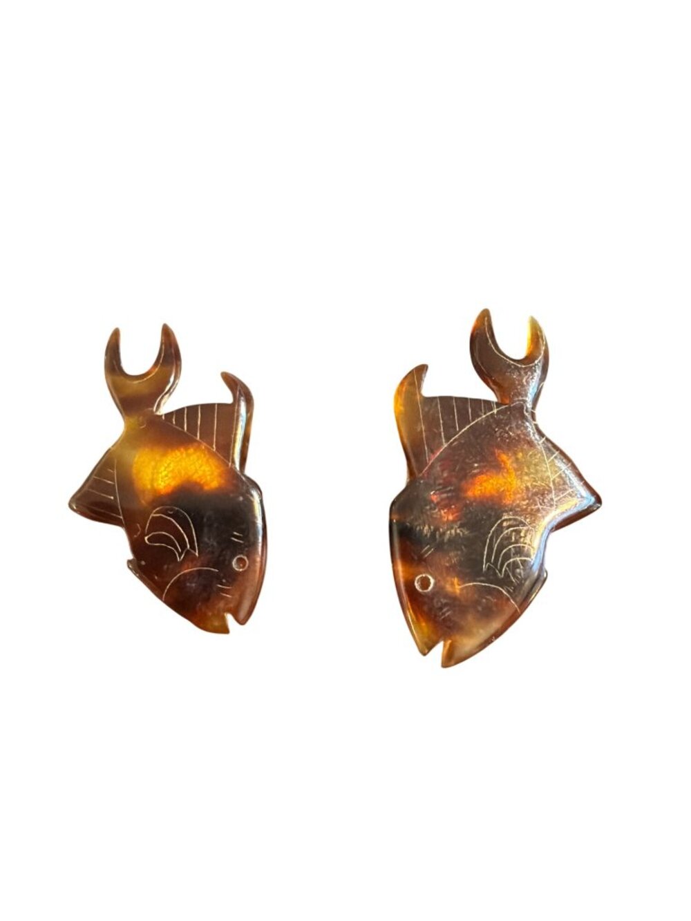 Vintage Sterling Silver Screw Back Earrings Koi Fish Faux Tortoiseshell MCM 1.25